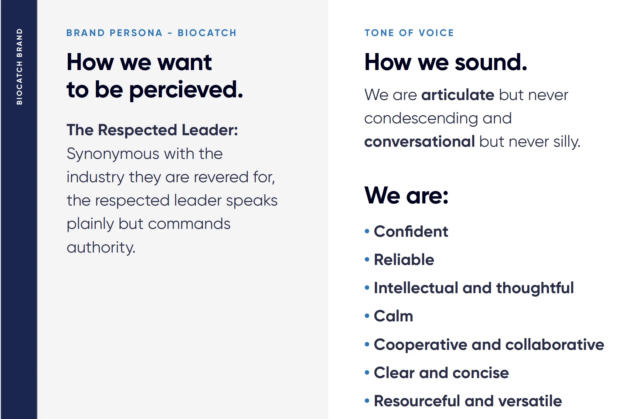 Brand persona and tone of voice slide describing BioCatch as the respected leader — articulate but never condescending.