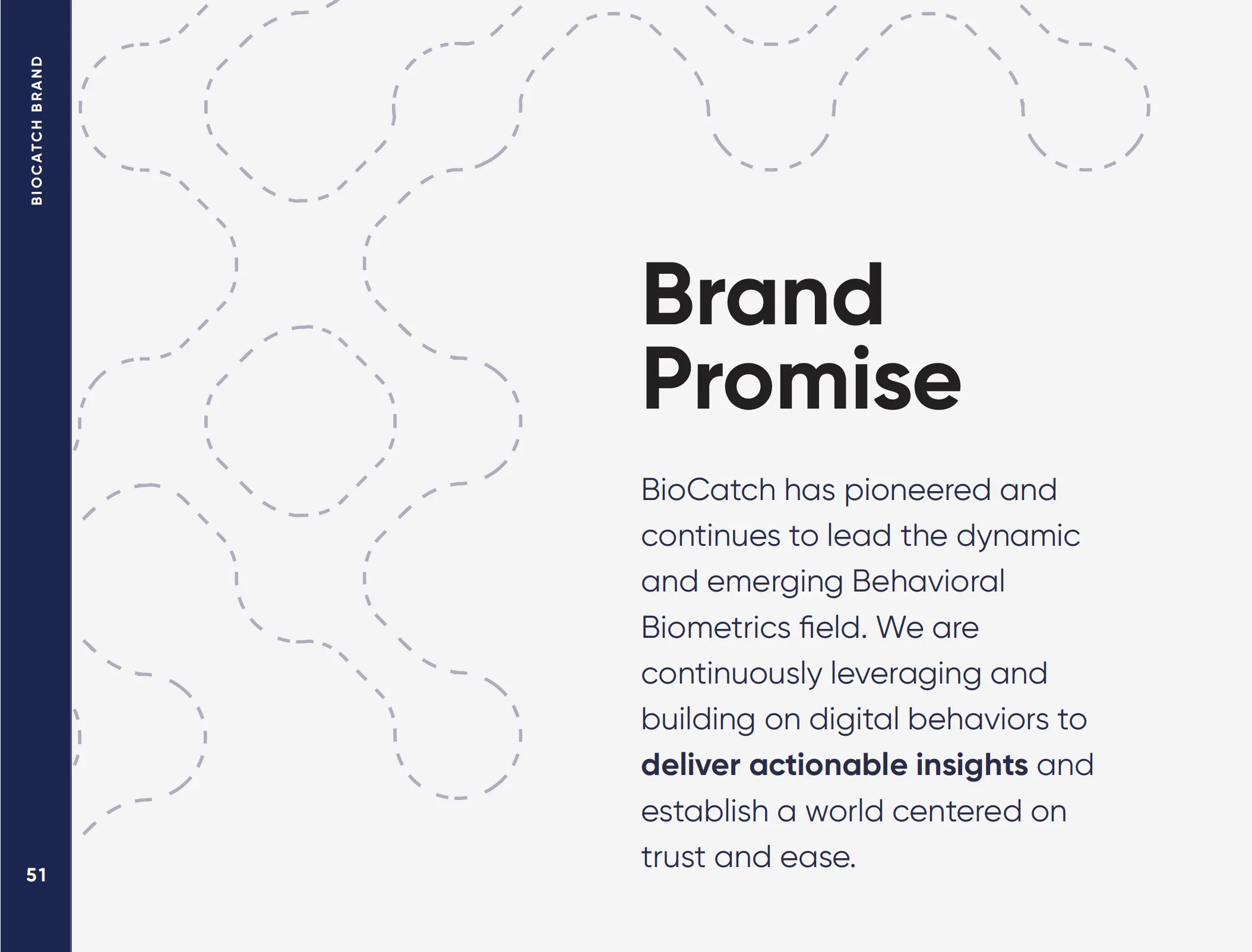 Brand promise slide describing BioCatch's commitment to actionable insights and a world centered on trust and ease.