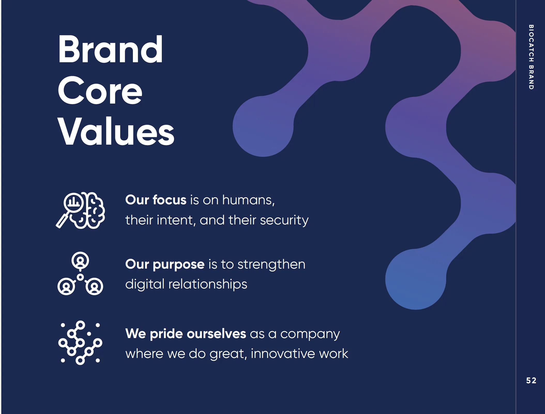 Brand core values slide: focus on humans and their intent, purpose to strengthen digital relationships.