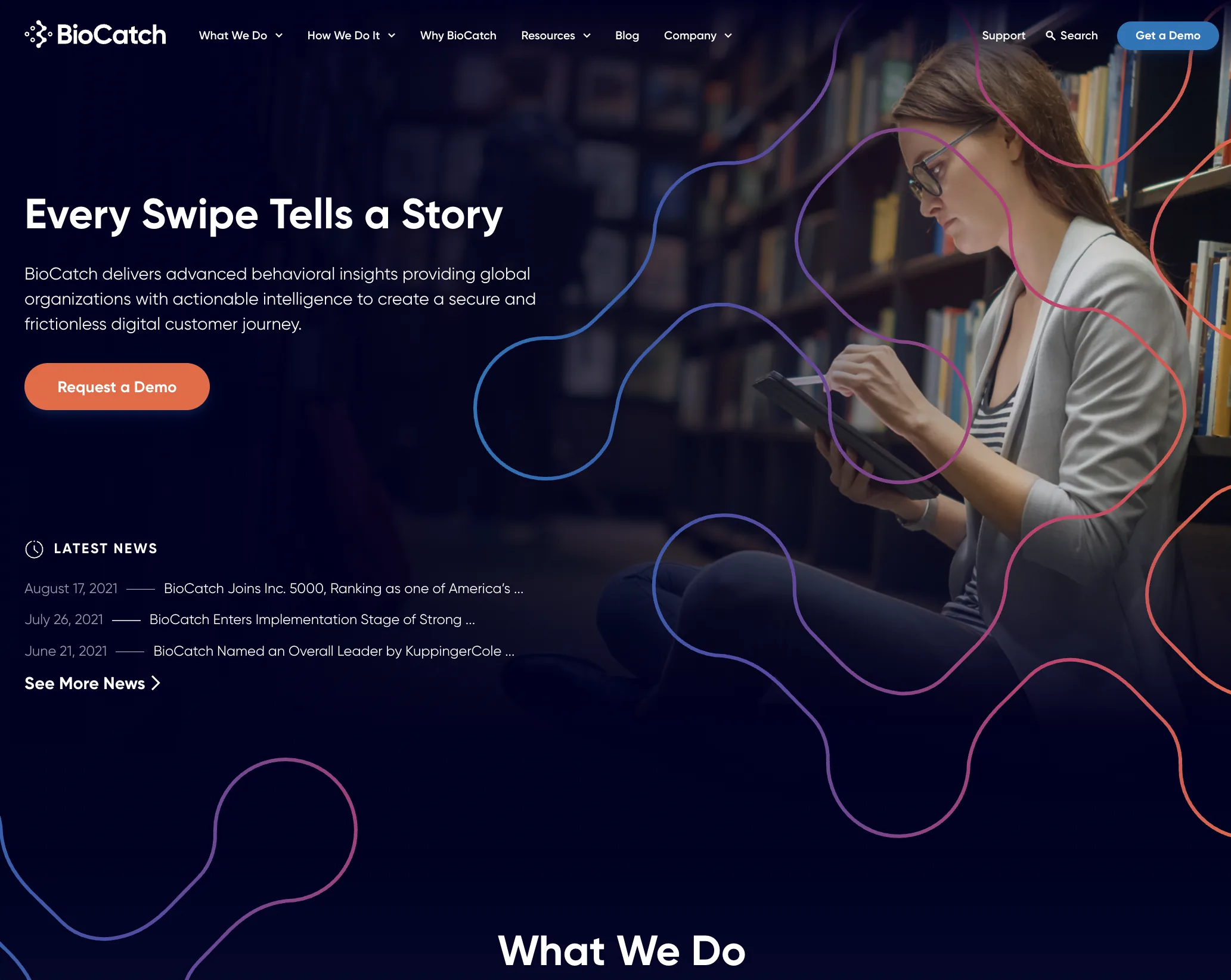 BioCatch.com homepage after the rebrand, with the headline Every Swipe Tells a Story over a dark editorial hero image.