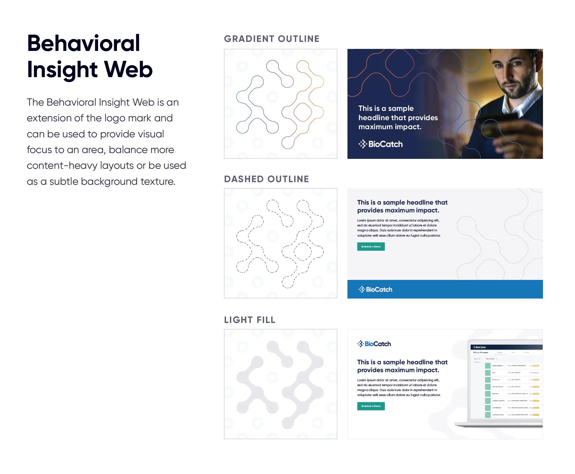 Behavioral Insight Web design system element shown in gradient outline, dashed outline and light fill variants.