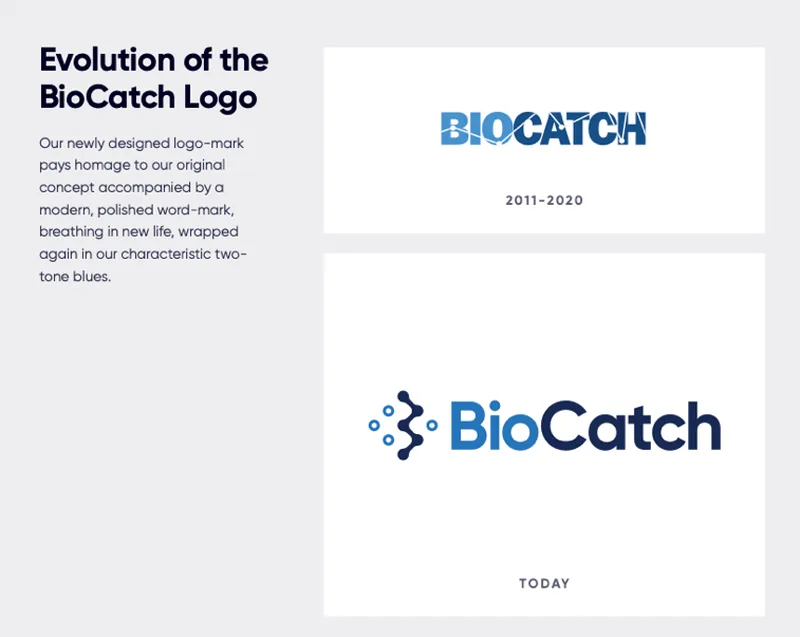 Before and after comparison of the BioCatch logo, 2011–2020 versus the new mark.