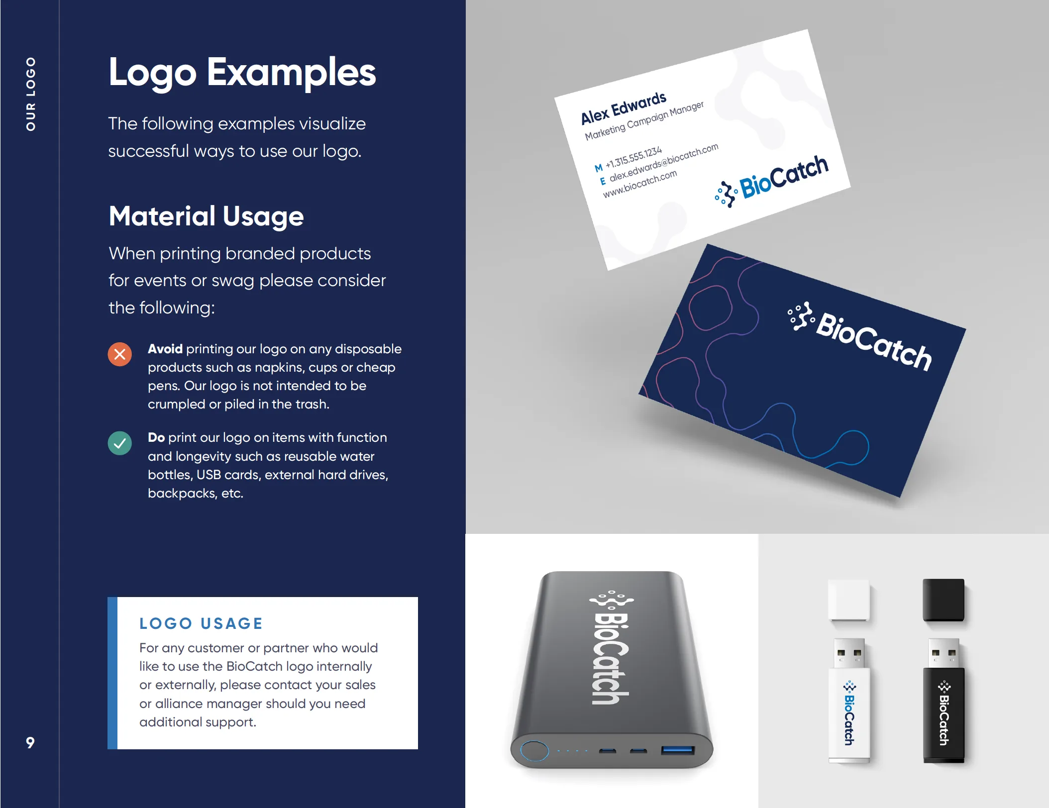 Logo usage and material guidance page showing correct and incorrect applications on printed products.