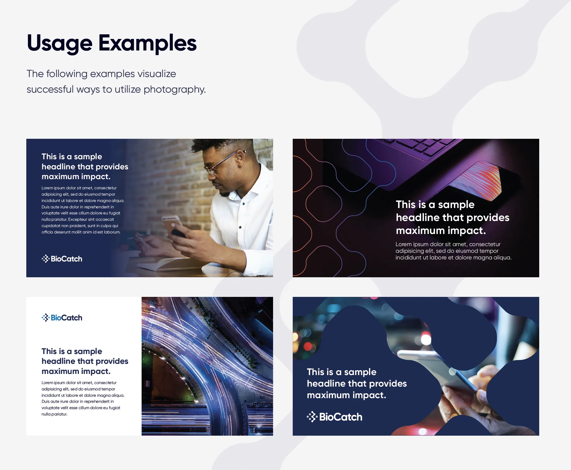 Photography usage examples showing approved image treatments with headline overlays.