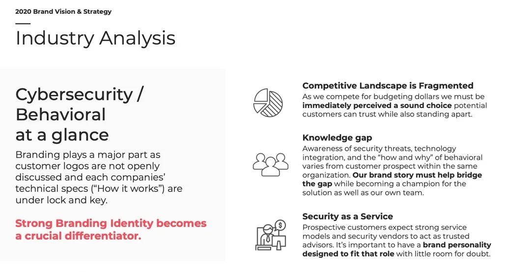 Industry analysis slide arguing that strong brand identity becomes a crucial differentiator in cybersecurity.