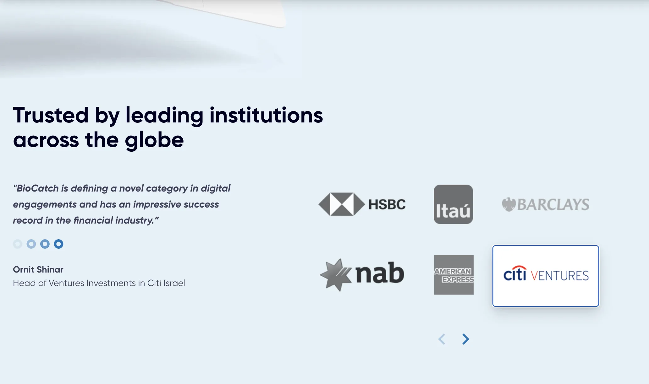 Website section titled Trusted by leading institutions across the globe with HSBC, Itau, Barclays, NAB, American Express and Citi Ventures logos and a customer quote.