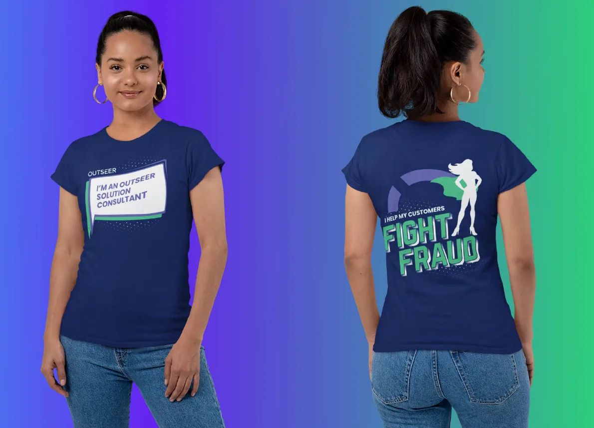 Outseer branded apparel showing I'm an Outseer Solution Consultant and Fight Fraud shirt designs.