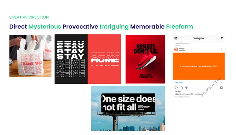 Creative direction board with the words direct, mysterious, provocative, intriguing, memorable and freeform alongside reference campaigns.