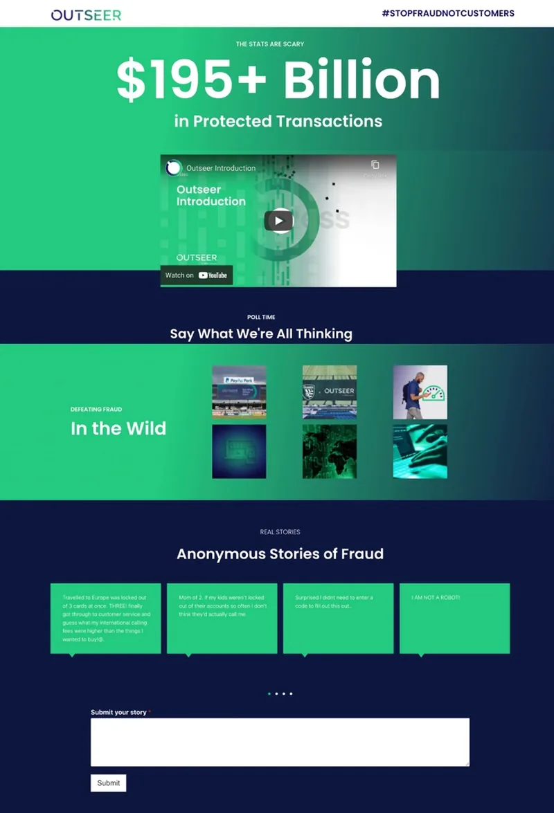 Stop Fraud Not Customers microsite showing $195+ Billion in protected transactions and an anonymous stories of fraud submission form.