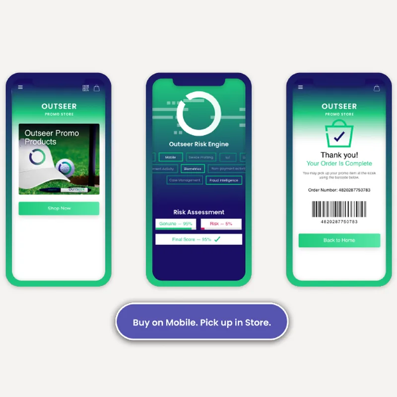 Outseer Risk Engine mobile risk assessment screens showing genuine and risk scoring.