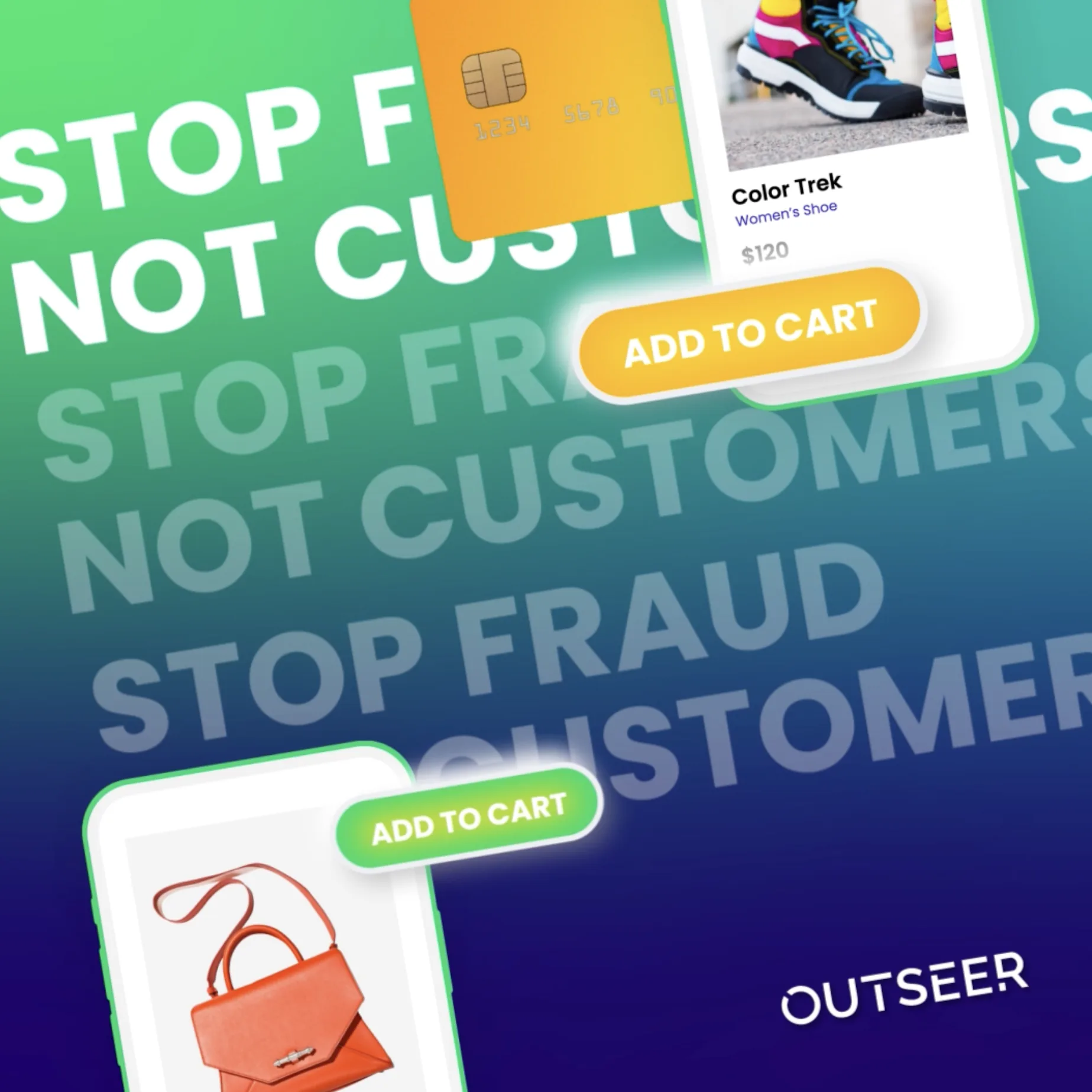 Social tile with add-to-cart interfaces and repeated Stop Fraud Not Customers typography.
