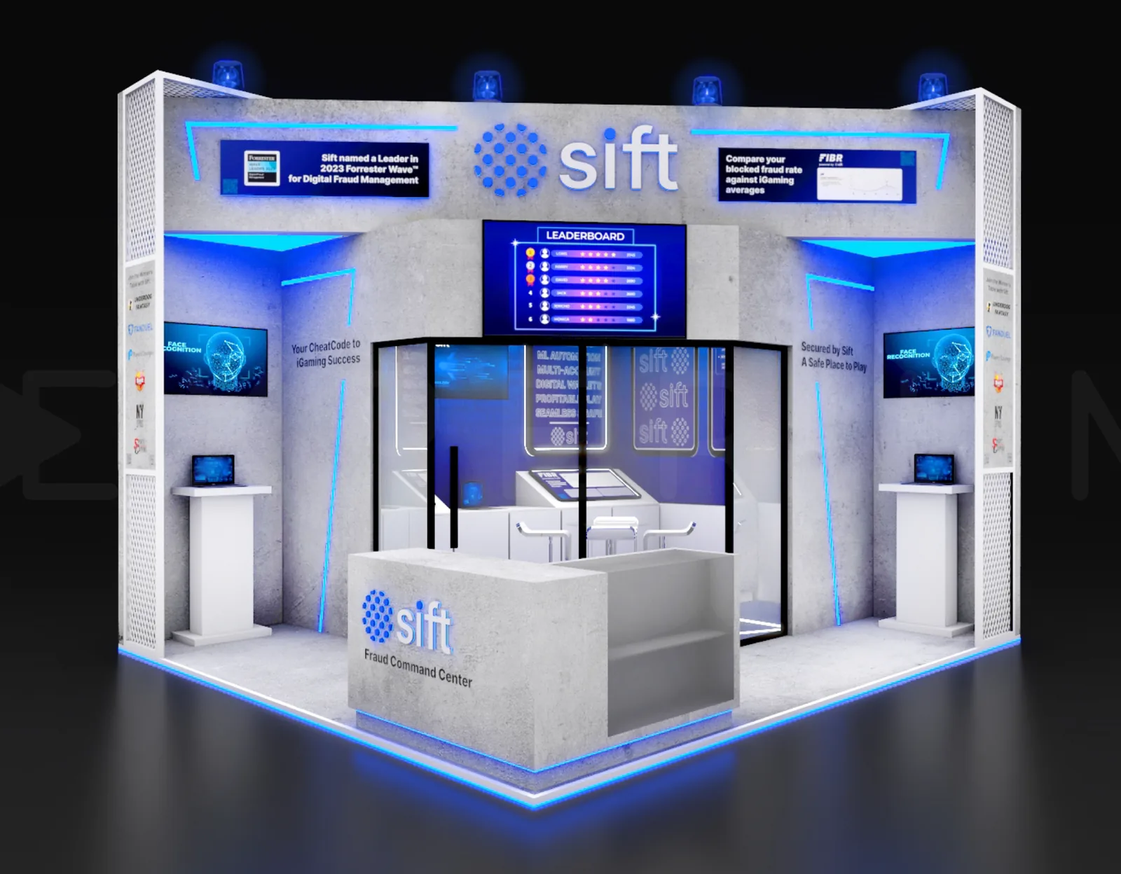 Render of the Sift Fraud Command Center booth environment with leaderboard screen and dark blue lighting.