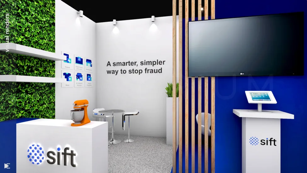 Second render of the Sift iGaming booth showing A smarter, simpler way to stop fraud messaging.