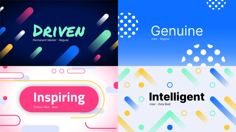 Four brand personality visual identities reading Driven, Genuine, Inspiring and Intelligent, each in a different palette and typeface treatment.