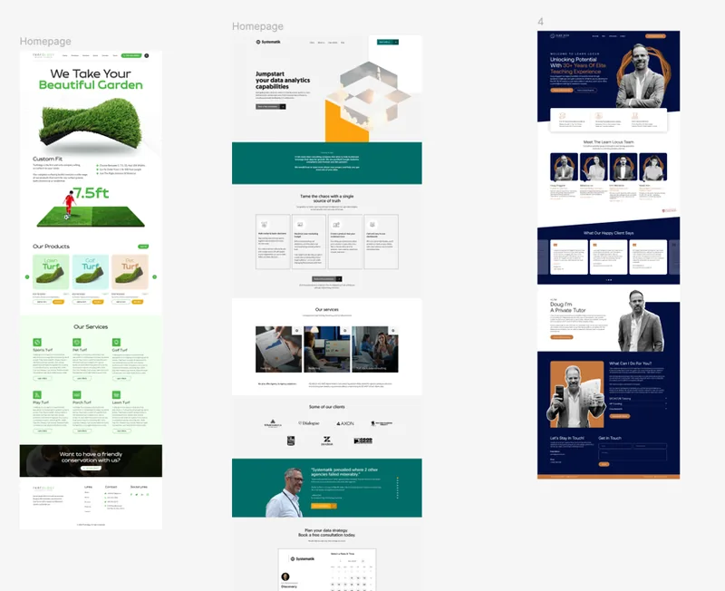 Early homepage design comparisons showing reference layouts against the emerging Symmatrics direction.