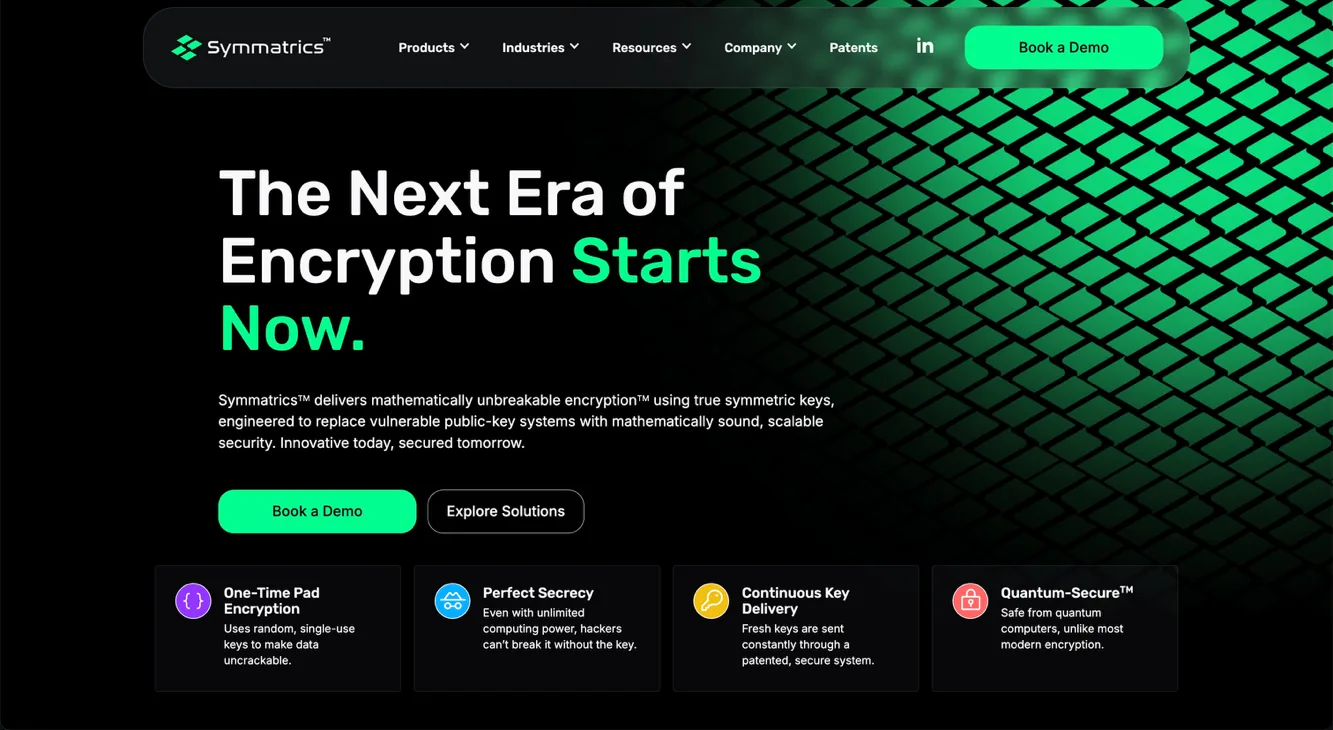 The launched Symmatrics website with the headline The Next Era of Encryption Starts Now over a green geometric pattern.